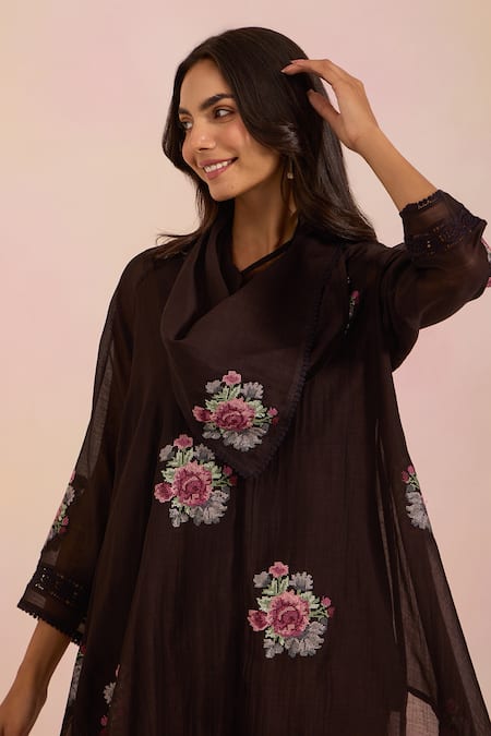Buy_OMI_Black Chanderi, Cotton Satin Embroidery Cowl Neck Kurta Set _Online_at_Aza_Fashions