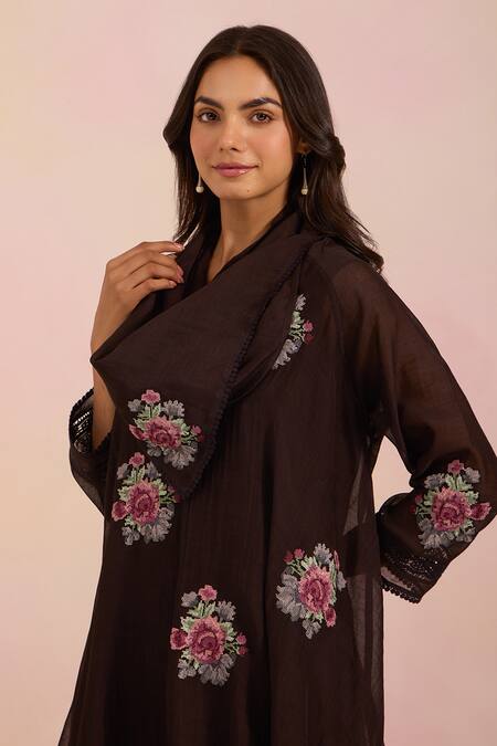 Shop_OMI_Black Chanderi, Cotton Satin Embroidery Cowl Neck Kurta Set _Online_at_Aza_Fashions