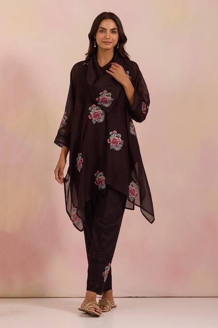 OMI_Black Chanderi, Cotton Satin Embroidery Cowl Neck Kurta Set _at_Aza_Fashions