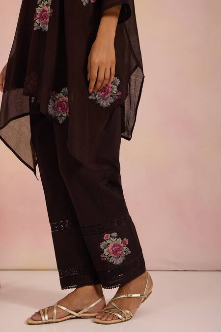 Shop_OMI_Black Chanderi, Cotton Satin Embroidery Cowl Neck Kurta Set 