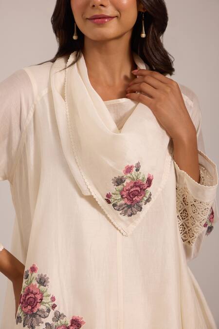 OMI_Off White Chanderi, Cotton Satin Embroidery Cowl Neck Kurta Set _Online_at_Aza_Fashions