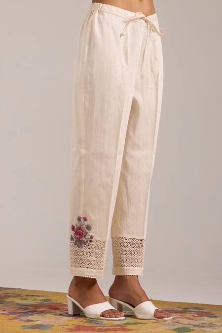 Shop_OMI_Off White Chanderi, Cotton Satin Embroidery Cowl Neck Kurta Set _Online_at_Aza_Fashions