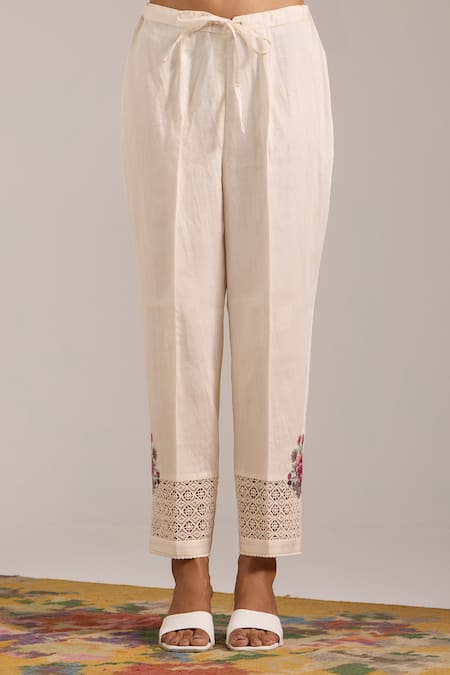 OMI_Off White Chanderi, Cotton Satin Embroidery Cowl Neck Kurta Set _at_Aza_Fashions