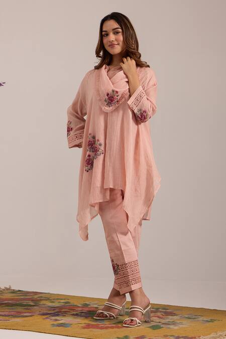 OMI_Pink Chanderi, , Satin Embroidery Cowl Neck Kurta Set _Online_at_Aza_Fashions
