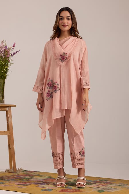 Buy_OMI_Pink Chanderi, , Satin Embroidery Cowl Neck Kurta Set _Online_at_Aza_Fashions