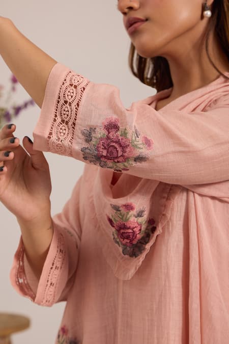Shop_OMI_Pink Chanderi, , Satin Embroidery Cowl Neck Kurta Set _Online_at_Aza_Fashions