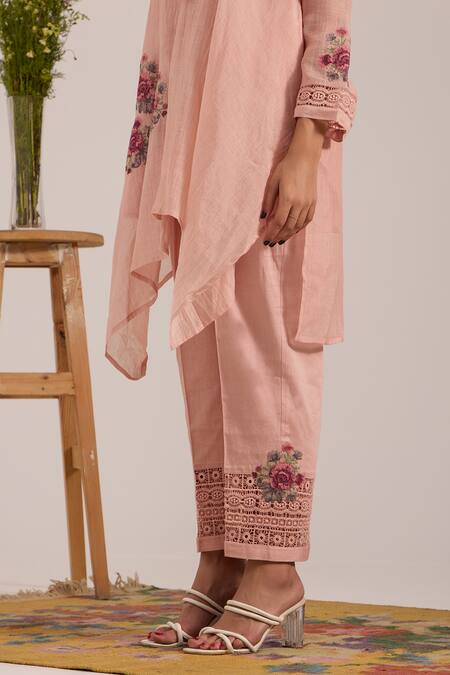 OMI_Pink Chanderi, , Satin Embroidery Cowl Neck Kurta Set _at_Aza_Fashions
