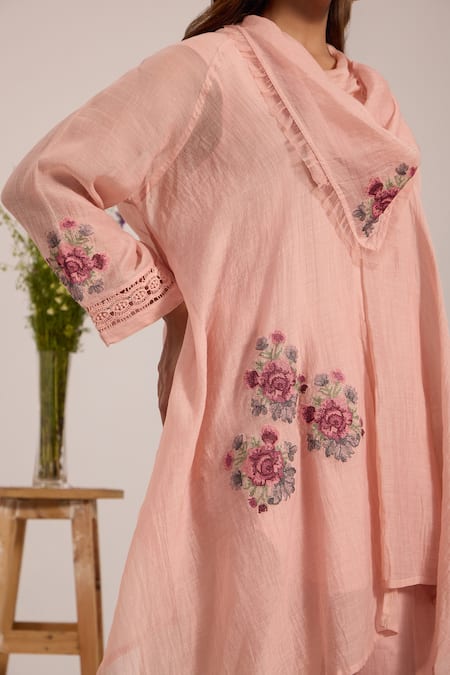 Buy_OMI_Pink Chanderi, , Satin Embroidery Cowl Neck Kurta Set 