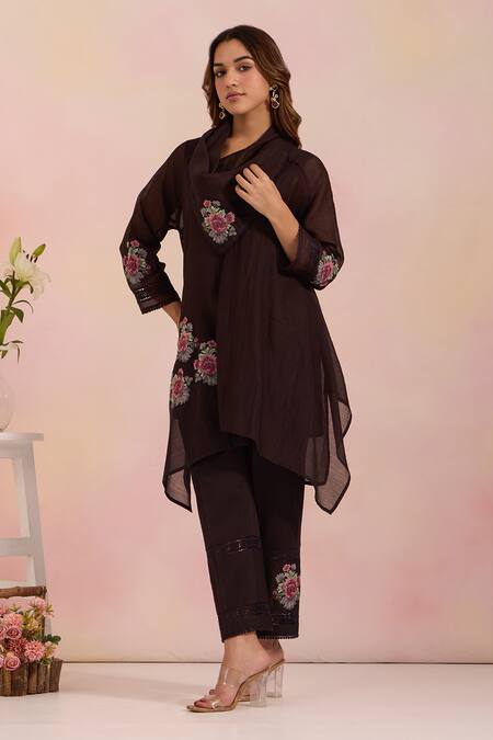 Buy_OMI_Black Chanderi, Cotton Satin Embroidery Cowl Neck Kurta Set _Online_at_Aza_Fashions