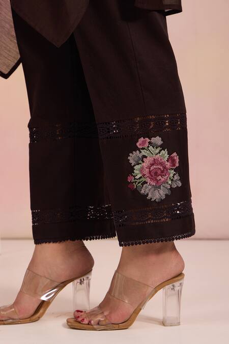 Shop_OMI_Black Chanderi, Cotton Satin Embroidery Cowl Neck Kurta Set _Online_at_Aza_Fashions