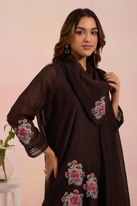 OMI_Black Chanderi, Cotton Satin Embroidery Cowl Neck Kurta Set _at_Aza_Fashions