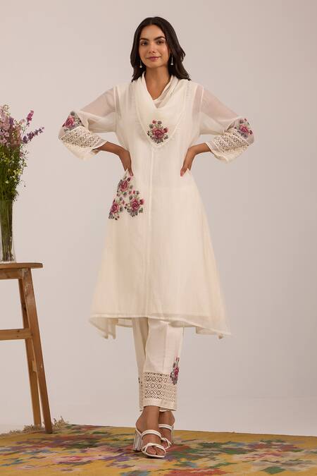 Buy_OMI_Off White Chanderi, Cotton Satin Embroidery Open Neck Kurta Set _Online_at_Aza_Fashions