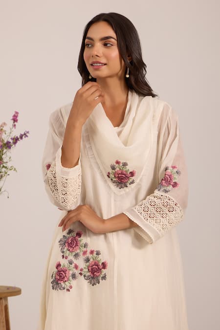 Shop_OMI_Off White Chanderi, Cotton Satin Embroidery Open Neck Kurta Set _Online_at_Aza_Fashions