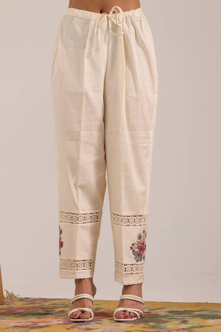 OMI_Off White Chanderi, Cotton Satin Embroidery Split V-neck Pant Set _Online_at_Aza_Fashions