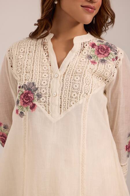 Buy_OMI_Off White Chanderi, Cotton Satin Embroidery Split V-neck Pant Set _Online_at_Aza_Fashions