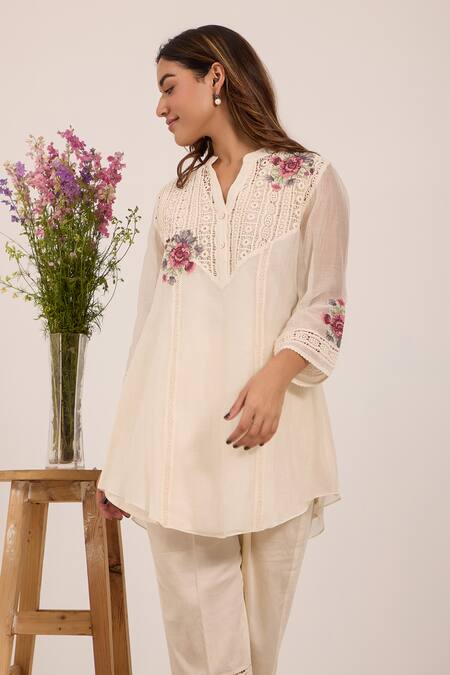 Shop_OMI_Off White Chanderi, Cotton Satin Embroidery Split V-neck Pant Set _Online_at_Aza_Fashions