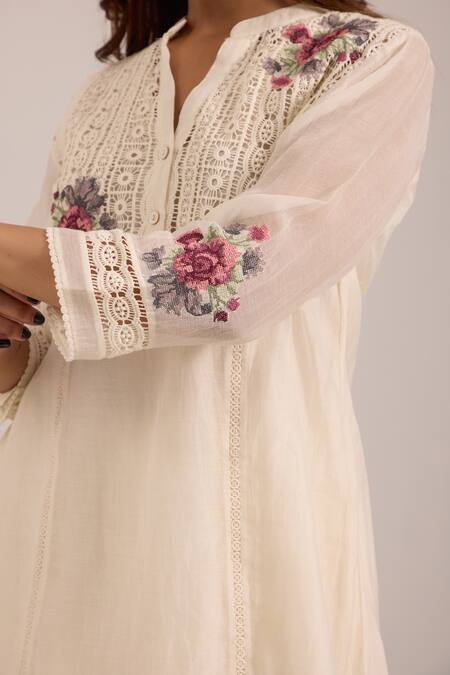 OMI_Off White Chanderi, Cotton Satin Embroidery Split V-neck Pant Set _at_Aza_Fashions