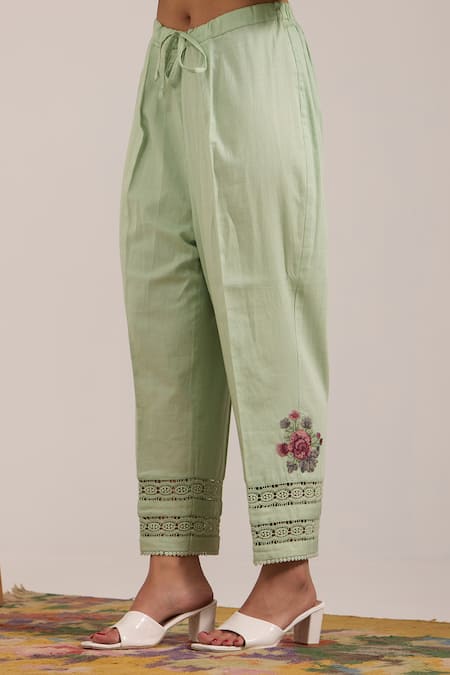 Buy_OMI_Green Chanderi, , Satin Embroidery Split V-neck Sea Pant Set _Online_at_Aza_Fashions