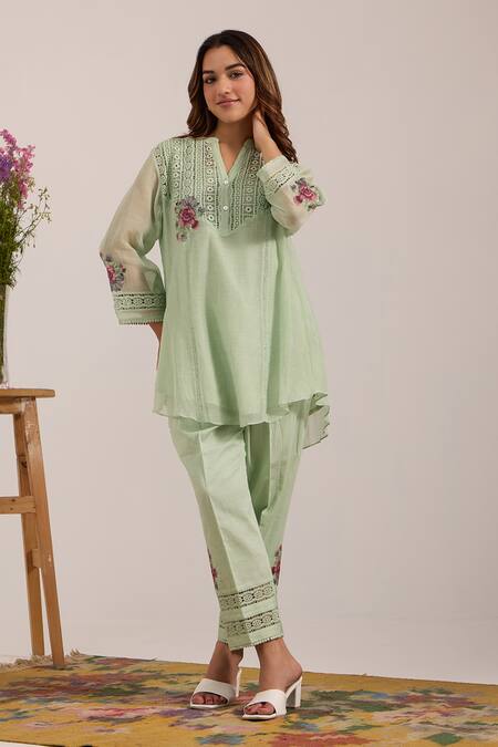 Shop_OMI_Green Chanderi, , Satin Embroidery Split V-neck Sea Pant Set _Online_at_Aza_Fashions