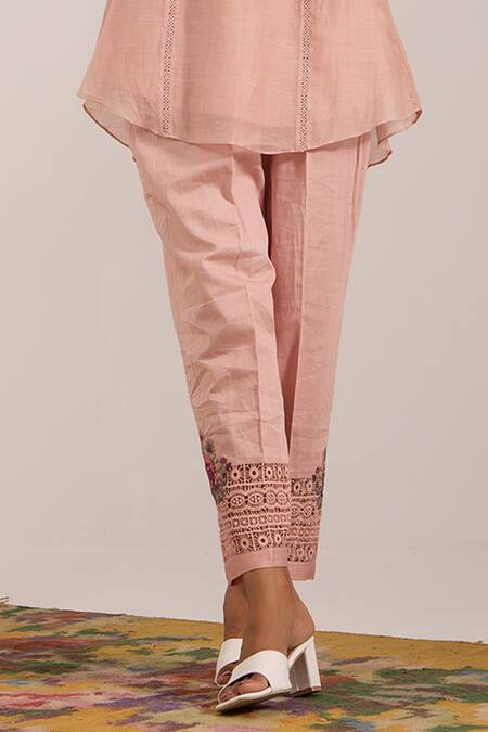 OMI_Pink Chanderi, Cotton Satin Embroidery Split V-neck Mul Pant Set _Online_at_Aza_Fashions