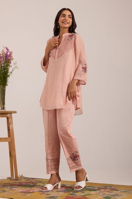 Shop_OMI_Pink Chanderi, Cotton Satin Embroidery Split V-neck Mul Pant Set _Online_at_Aza_Fashions