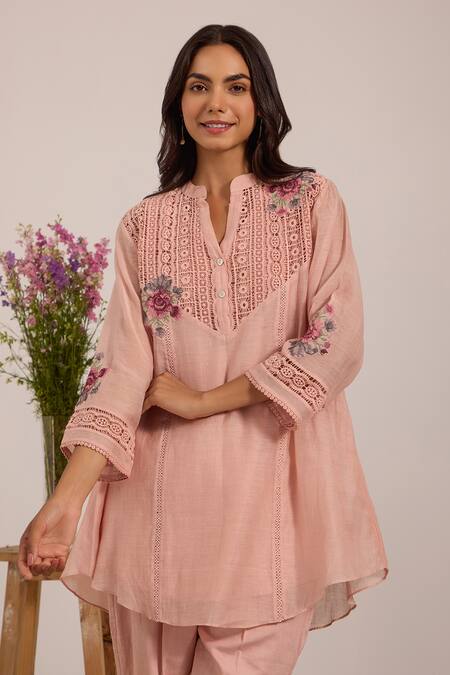 OMI_Pink Chanderi, Cotton Satin Embroidery Split V-neck Mul Pant Set _at_Aza_Fashions
