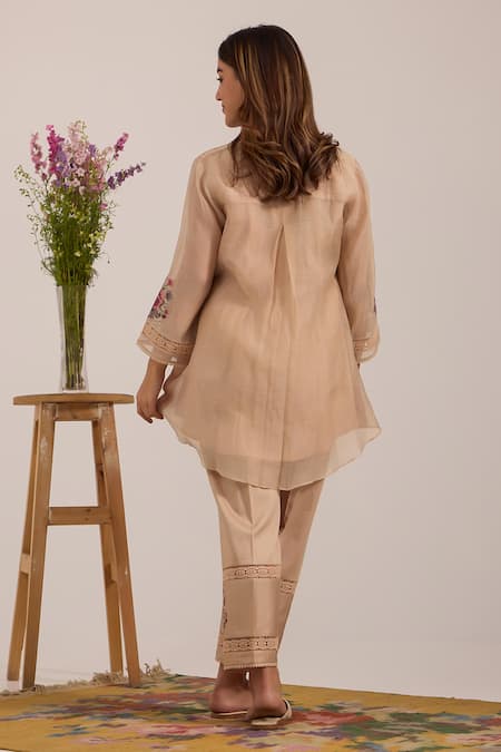 OMI Beige Embroidered Top & Pant Set 