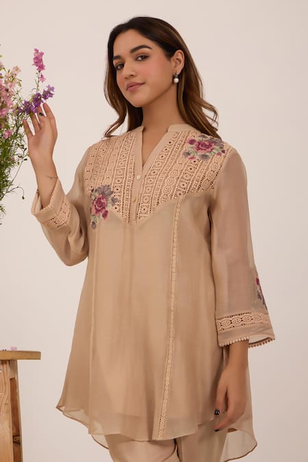 OMI_Beige Chanderi, Cotton Satin Embroidery Split V-neck Top And Pant Set _Online_at_Aza_Fashions