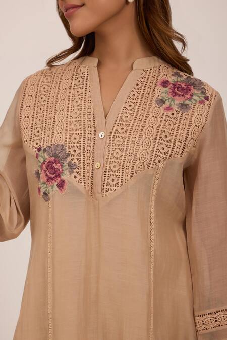 Buy_OMI_Beige Chanderi, Cotton Satin Embroidery Split V-neck Top And Pant Set _Online_at_Aza_Fashions