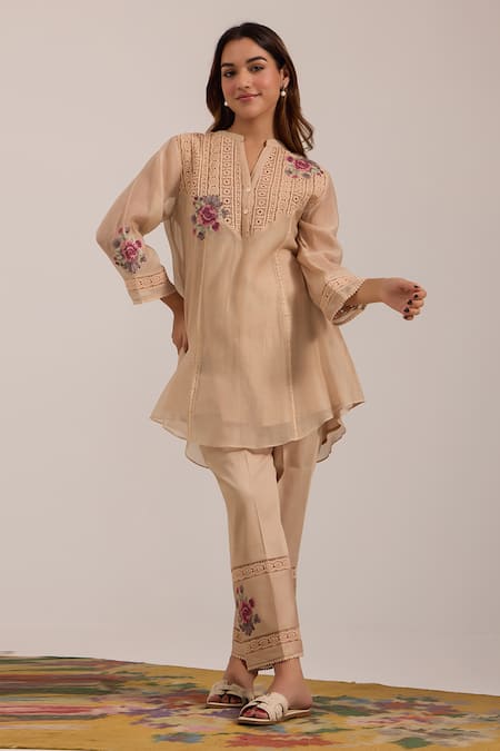 Shop_OMI_Beige Chanderi, Cotton Satin Embroidery Split V-neck Top And Pant Set _Online_at_Aza_Fashions