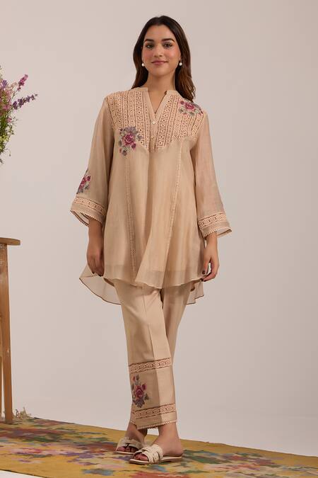 OMI Beige Chanderi, Cotton Satin Embroidery Split V-neck Top And Pant Set 