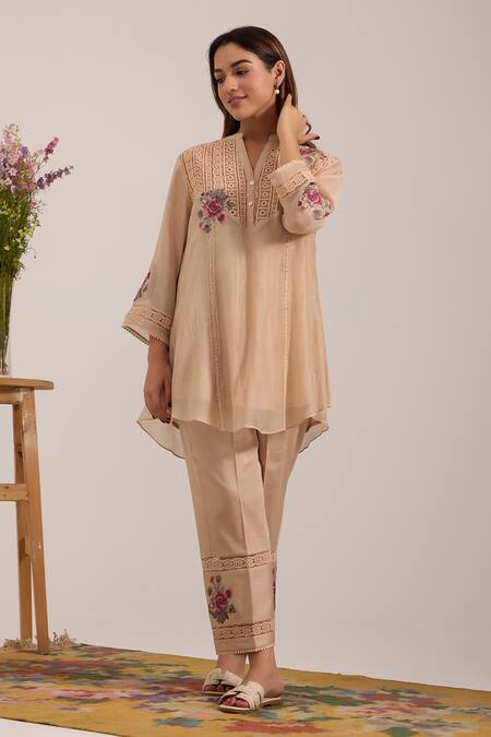 OMI_Beige Chanderi, Cotton Satin Embroidery Split V-neck Top And Pant Set _at_Aza_Fashions