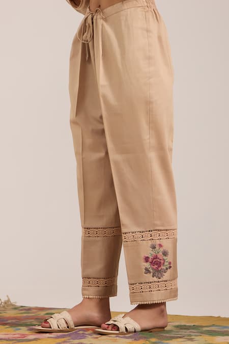 Buy_OMI_Beige Chanderi, Cotton Satin Embroidery Split V-neck Top And Pant Set 