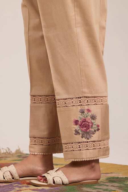 Shop_OMI_Beige Chanderi, Cotton Satin Embroidery Split V-neck Top And Pant Set 