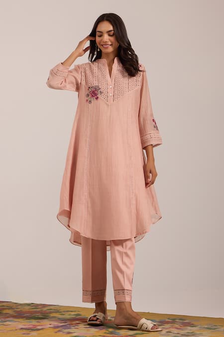 OMI Pink Chanderi, Cotton Satin Embroidery Split V-neck Kurta Set 