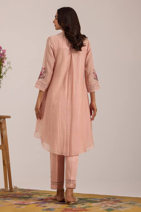 Buy OMI Pink Chanderi, Cotton Satin Embroidery Split V-neck Kurta Set Online at Aza Fashions Buy_OMI_Pink Chanderi, Cotton Satin Embroidery Split V-neck Kurta Set _Online_at_Aza_Fashions