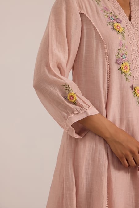 Shop_OMI_Lilac Chanderi, Cotton Satin Embroidery V-neck Panelled Flared Kurta Set _Online_at_Aza_Fashions