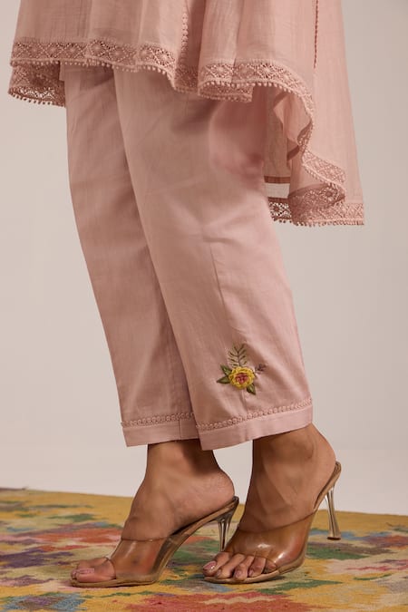 OMI_Lilac Chanderi, Cotton Satin Embroidery V-neck Panelled Flared Kurta Set _at_Aza_Fashions