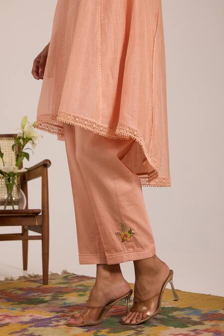 Shop_OMI_Peach Chanderi, Cotton Satin Embroidery V-neck Kurta Set _Online_at_Aza_Fashions