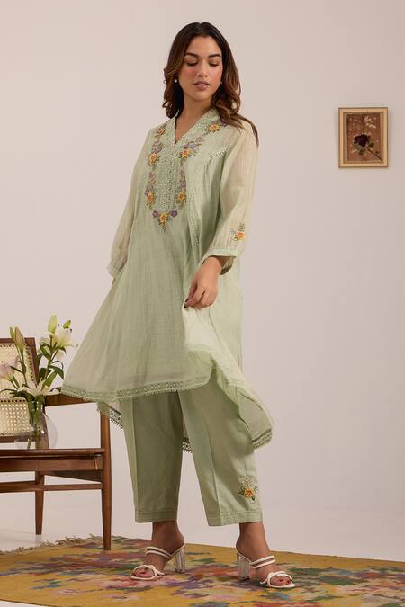 Shop_OMI_Green Chanderi, Cotton Satin Embroidery V-neck Sea Kurta Set _Online_at_Aza_Fashions