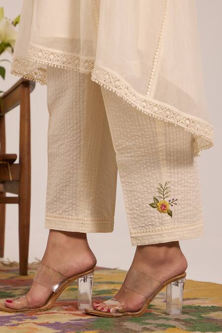 Shop_OMI_Off White Chanderi, , Satin Embroidery Split V-neck Kurta Set 