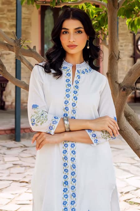 Buy Missprint White Chanderi, Cotton Embroidery Collared Saira Kurta Set Online at Aza Fashions Buy_Missprint_White Chanderi, Cotton Embroidery Collared Saira Kurta Set _Online_at_Aza_Fashions