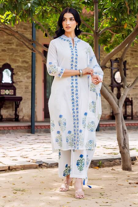 Missprint White Chanderi, Cotton Embroidery Collared Saira Kurta Set at Aza Fashions Missprint_White Chanderi, Cotton Embroidery Collared Saira Kurta Set _at_Aza_Fashions
