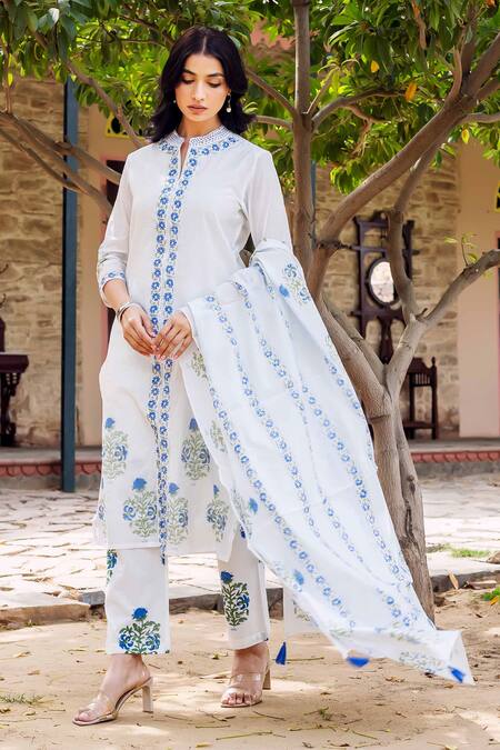 Buy Missprint White Chanderi, Cotton Embroidery Collared Saira Kurta Set Buy_Missprint_White Chanderi, Cotton Embroidery Collared Saira Kurta Set