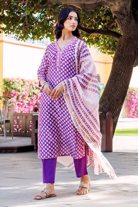 Shop Missprint Purple Silk, Cotton Embroidery V-neck Amara Chanderi Kurta Suit Set Online at Aza Fashions Shop_Missprint_Purple Silk, Cotton Embroidery V-neck Amara Chanderi Kurta Suit Set _Online_at_Aza_Fashions