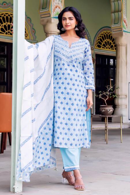 Buy Missprint Blue Chanderi, Cotton Embroidery V-neck Rhea Kurta Suit Set Online at Aza Fashions Buy_Missprint_Blue Chanderi, Cotton Embroidery V-neck Rhea Kurta Suit Set _Online_at_Aza_Fashions