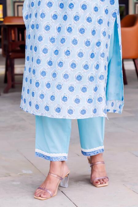 Shop Missprint Blue Chanderi, Cotton Embroidery V-neck Rhea Kurta Suit Set Online at Aza Fashions Shop_Missprint_Blue Chanderi, Cotton Embroidery V-neck Rhea Kurta Suit Set _Online_at_Aza_Fashions