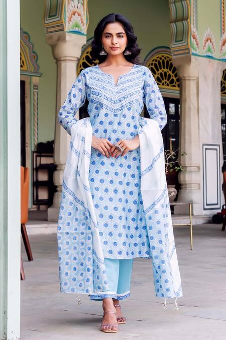 Buy Missprint Blue Chanderi, Cotton Embroidery V-neck Rhea Kurta Suit Set Buy_Missprint_Blue Chanderi, Cotton Embroidery V-neck Rhea Kurta Suit Set