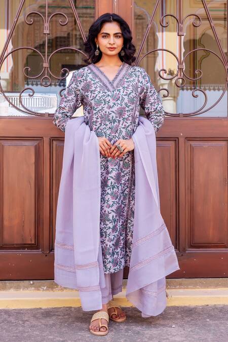 Shop_Missprint_Blue Cotton, Silk Embroidery V-neck Aarna Chanderi Kurta Set _Online_at_Aza_Fashions