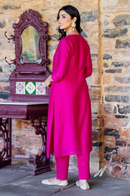 Missprint_Pink Cotton, Silk Embroidery Round Neck Rhea Radiant Chanderi Kurta Set _Online_at_Aza_Fashions